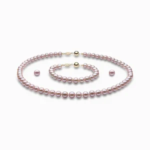 925 Sterling Silver Pink Pearl Bridal Three-Piece Earring and Necklace Jewelry Set