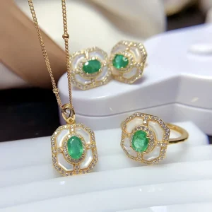 925 Sterling Silver Rhodium-Plated Natural Emerald Jewelry Set for Engagements, Anniversaries, Dinners, and Social Events