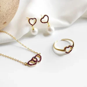 Custom Gold-Plated 925 Sterling Silver Pearl Heart-Shaped Cubic Zirconia Open Ring, Stud Earrings and Necklace Jewelry Set