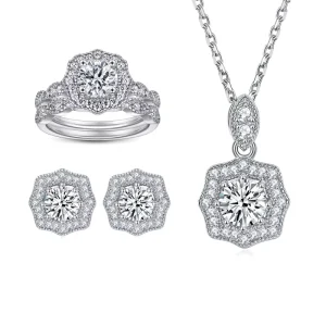 Custom 925 Sterling Silver Prong-Set Cubic Zirconia Flower Wedding Jewelry Set for Women