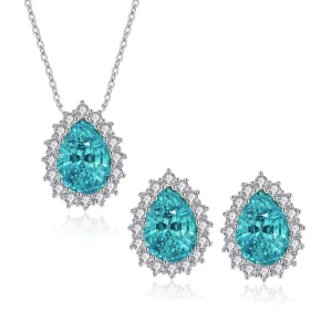 925 Sterling Silver Blue Paraiba Zircon Pendant Necklace and Earring Set