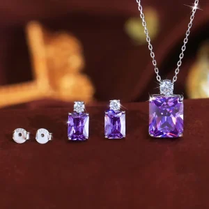 Cubic Zirconia Jewelry Set, 925 Sterling Silver Purple Zircon Rectangular Pendant Necklace and Earrings, Rhodium-Plated