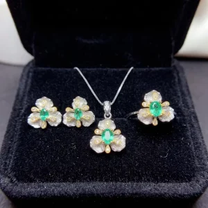 925 Silver Gold-Plated Natural Emerald Wedding Party Jewelry Set