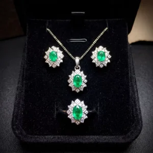925 Sterling Silver Natural Emerald Jewelry Set
