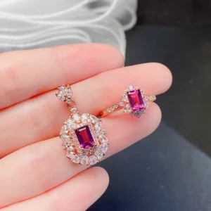 925 Sterling Silver Gold-Plated Natural Garnet Engagement Jewelry Set