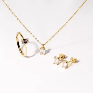 Personalized 925 Sterling Silver 18K Gold-Plated Emerald-Cut Moissanite Necklace, Earrings and Ring Jewelry Set