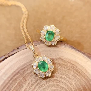 925 Sterling Silver 18K Gold-Plated Natural Emerald and Pink Garnet Women’s Engagement Jewelry Set