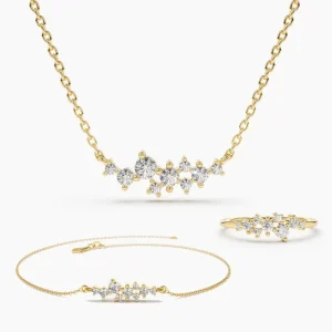 Ladies’ 925 Sterling Silver Gold-Plated Necklace, Bracelet and Ring Cubic Zirconia Jewelry Set, Wedding Party Gift