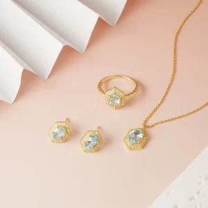 925 Sterling Silver Vintage Gold-Plated Hexagonal Natural Blue Topaz Diamond Earrings and Necklace Set