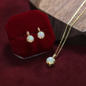 925 Sterling Silver Opal Vintage Necklace and Earrings Jewelry Set for Women, Party Gift, Engagement