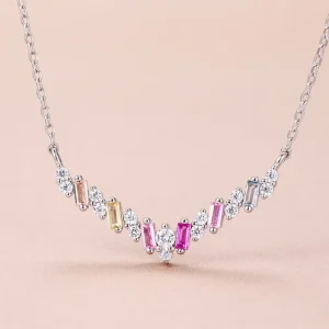 925 Fine Silver Sparkling Colorful Gemstones Necklace Link Chain for Women