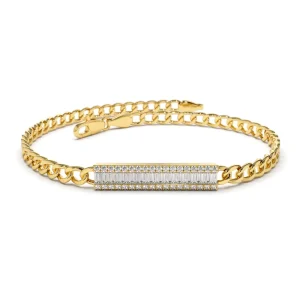 925 Silver 14K Baguette Zircon Bar Curb Link Bracelet, Rhodium-Plated Lucky Charm