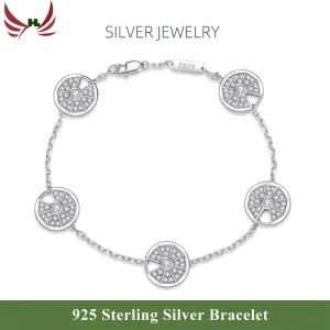 925 Silver 14K Gold-Plated Zircon Lucky Compass Charm Chain-Link Bracelet for Women