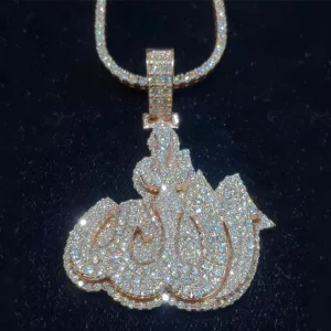 925 Silver 18K Gold-Plated Full-Pave VVS Moissanite Allah Initial Chain and Pendant