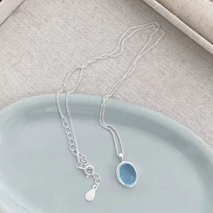 925 Silver Blue Zircon Elliptical Disk Pendant Necklace