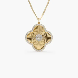 925 Silver Clover Necklace Engraved Design Zirconia Clover Pendant Ladies 18K Gold Plated