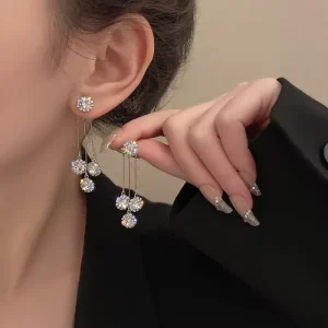 925 Silver Crystal Rhinestone Tassel Dangle Stud Earrings for Women
