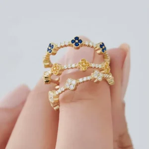 925 Silver Eternity Stackable Cubic Zirconia Clover Rings 14K Plated Dainty Jewelry Fine Jewellery for Women Bands