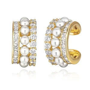 925 Silver Gold Plated Non-Piercing Ear Cuff with Pearl and CZ Clip-on Cartilage Hoop Earrings