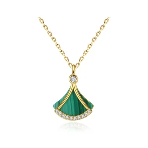 925 Silver Natural Green Malachite Fan-Shape Gemstone Pendant Necklace