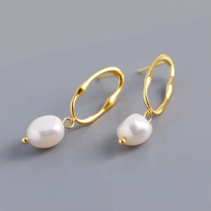 925 Silver Natural Pearl Earrings 18K Gold Plated Irregular Freshwater Big Pearl Dangle Earring for Women