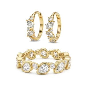 925 Silver Pear Round CZ Coordinated Jewelry Set Floral Moissanite Hoop Earrings Bezel Stack Bride Band Ring