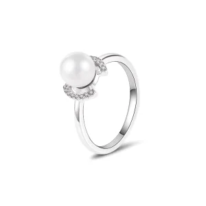 925 Silver Rhodium Plated Dainty Pearl Ring for Women