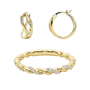 925 Silver Round CZ Twisted Infinity Coordinated Jewelry Set Intertwined Huggie Hoop Earrings Stack Band Moissanite Ring