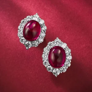 925 Silver Stud Earrings with Full Diamond Inlay, 8*10 Simulated Pigeon Blood Red Jade
