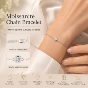 925 Silver Tarnish-Free Solitaire D VVS1 Moissanite Pendant Link Chain Bracelet