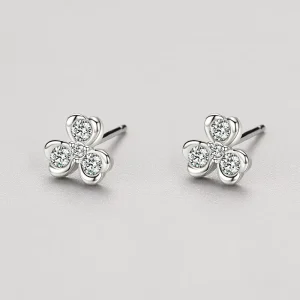 925 Silver Three-Leaf Clover Zircon Stud Earrings