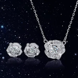 925 Silver VVS GRA Moissanite Necklace and Earrings Set with Rose Flower Pendant for Wedding
