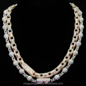 925 Solid Silver Cuban Link Ball Chain Iced Out Moissanite Bead Necklace