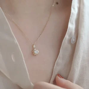 925 Sterling Silver 14K Gold Plated Crystal Rose Necklace for Women