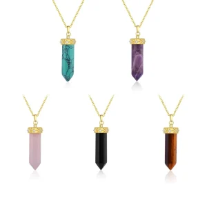 925 Sterling Silver 18K Gold Plated Crystal Raw Stone Hexagonal Pillar Moon Necklace