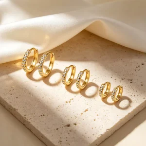 925 Sterling Silver 18K Gold-Plated Geometric Hoop Earrings Set, Large Medium Small, Cubic Zirconia