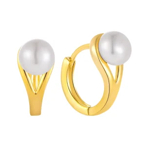 925 Sterling Silver 18K Gold-Plated Hoop Huggie Pearl Earrings Bridal Wedding