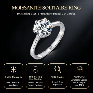 925 Sterling Silver 2ct 8mm Moissanite Round Brilliant Cut Women’s Wedding Ring