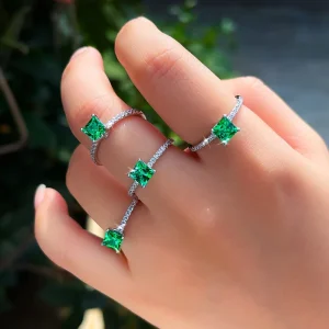 925 Sterling Silver 5mm Emerald Cut Green CZ Micro Pave Band Ring for Women