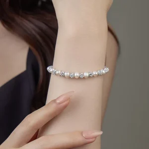 925 Sterling Silver Adjustable Natural Pearl and Zircon Beaded Bracelet for Women