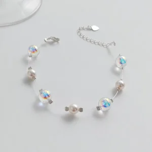 925 Sterling Silver Aurora Bubble Simulated Pearl Floating Bracelet with Invisible Wire
