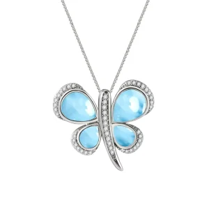 925 Sterling Silver Blue Larimar Gemstone Diamond Dangle Butterfly Pendant Necklace