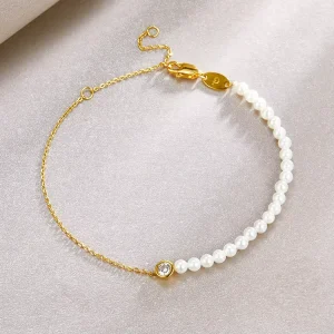 925 Sterling Silver Bracelet 18K Gold Plated Adjustable Freshwater Pearl Bracelet