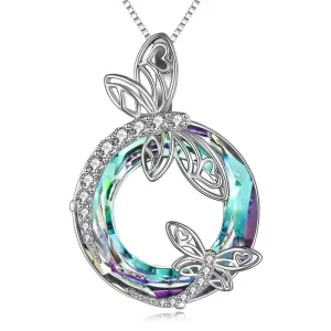 925 Sterling Silver Butterfly Circle Crystal Pendant Necklace for Women