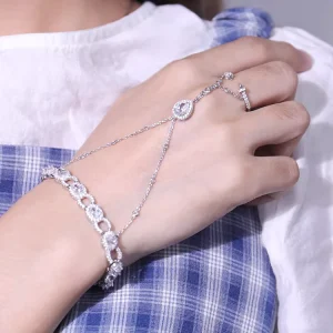 925 Sterling Silver CZ Gemstone Chain Link Opening Finger Ring Bracelet