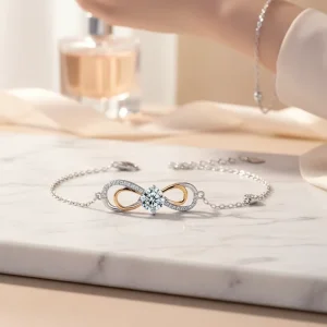 925 Sterling Silver Charm Bracelet for Women, White Gold-Plated, Number Eight Infinity Design, 1 ct Moissanite