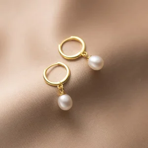925 Sterling Silver Classic Synthetic Pearl Drop Earrings for Women Gold