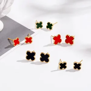 925 Sterling Silver Colored Glaze Four-Leaf Clover Stud Earrings Women