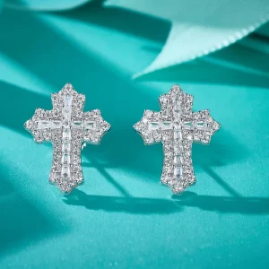 925 Sterling Silver Cross Moissanite Stud Earrings for Women