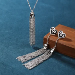 925 Sterling Silver Cubic Zirconia Jewelry Set Necklace Earrings Tassel Chain Heart Design